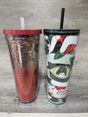 Starbucks 24oz Holiday Tumblers Lot Of 2-2018 Red/Silver 2024 Alison Bremner Col
